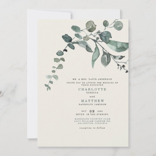 Invitation Foliage Turquoise & Crème Mariage Mariage Parents (Devant)