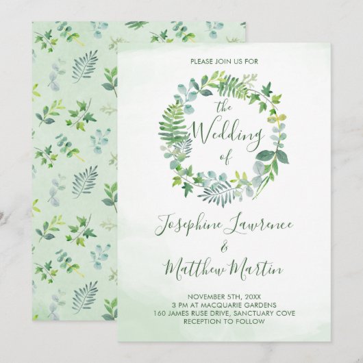 Invitation Foliage Wreath Aquarelle Verdure Mariage (Devant / Derrière)