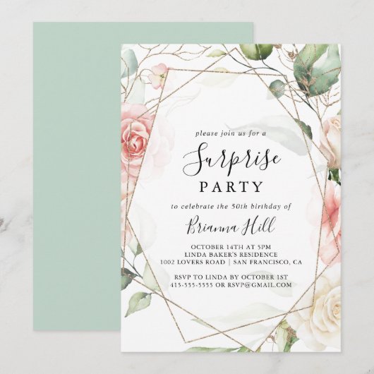 Invitation Folio vert géométrique Gold Folial Surprise Party (Devant / Derrière)