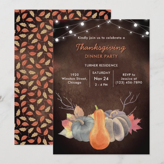 Invitation Folithe de Thanksgiving, flammes Citrouilles en Ru (Devant / Derrière)