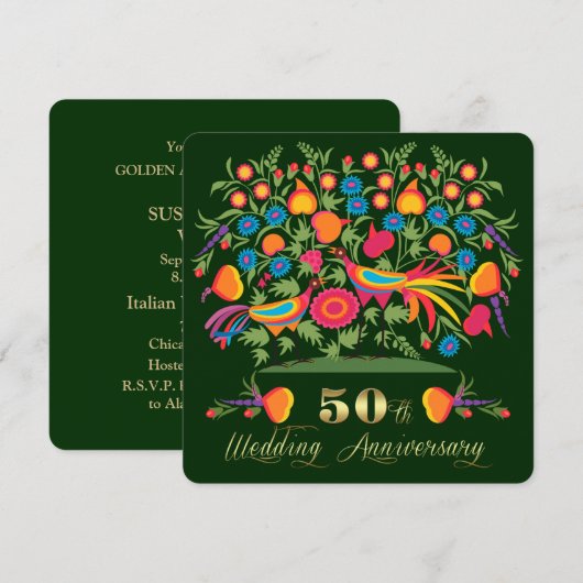 Invitation Folk Art 50ème Anniversaire Mariage d'or (Devant / Derrière)