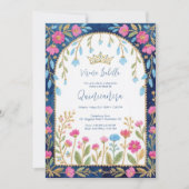 Invitation Folk Art Blue Shades Spanish Mexican XVs Floral (Devant)