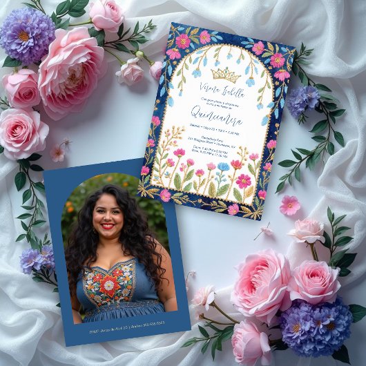 Invitation Folk Art Blue Shades Spanish Mexican XVs Floral