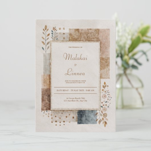 Invitation Folk Patchwork Mariage rustique (Debout devant)