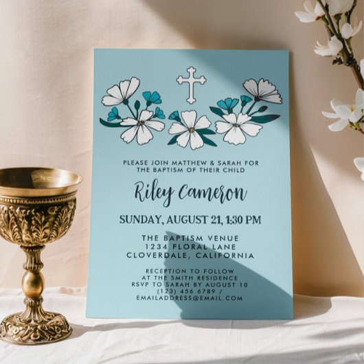 Invitation Folksy Blanc Fleurs Bleues Garçon Baptême