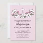 Invitation Folksy Fleurs Roses Blanches Fille Baptême (Devant)