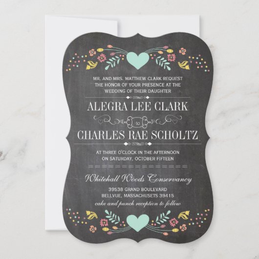 Invitation Folksy Rustic Floral Garland Chalkboard Mariage (Devant)