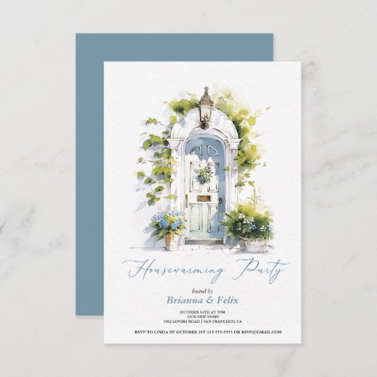 Invitation Follage bleu rustique Green House Party (Devant / Derrière)