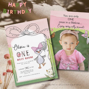 Invitation Folle Oie 1er Anniversaire Nœud Rose Photo