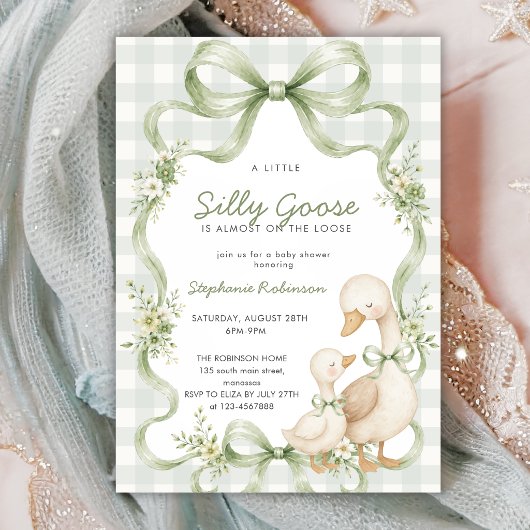 Invitation Folle Oie Sage Ruban Gingham Baptême de Bébé Coque