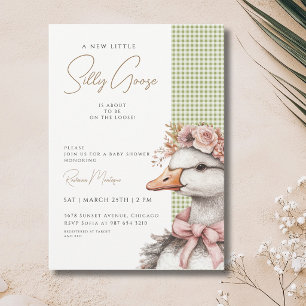 Invitation Folle Oie Vichy Vert Fleur à Ruban Baby Shower