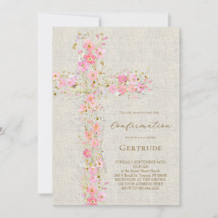 Invitation fond beige fleurs roses croix Confirmation