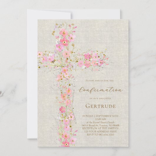 Invitation fond beige fleurs roses croix Confirmation (Devant)