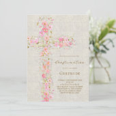 Invitation fond beige fleurs roses croix Confirmation (Debout devant)