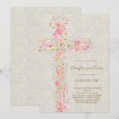 Invitation fond beige fleurs roses croix Confirmation (Devant / Derrière)