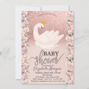 Invitation Fond Bokeh Pailleté Or Rose, Roses Cygnes Baby Sho