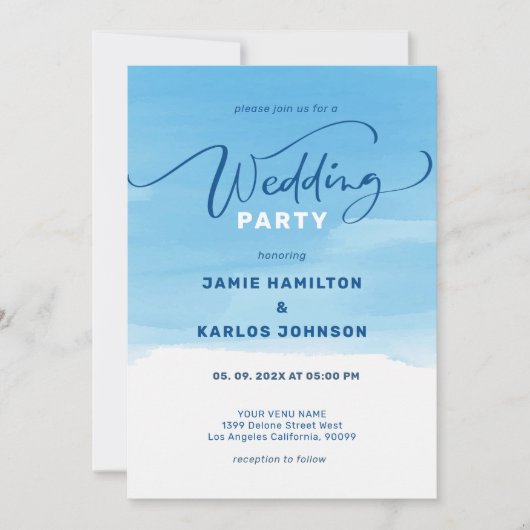 Invitation Fond d'aquarelle bleu ciel et typographie élégante (Devant)