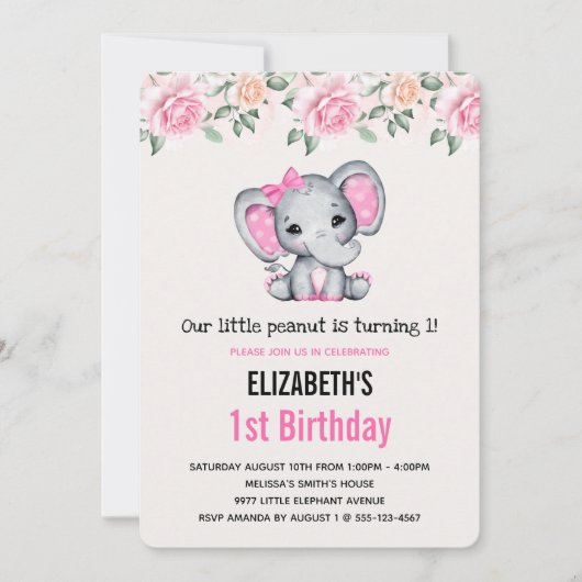 Invitation Fond de bordure d'anniversaire éléphant bébé rose (Devant)