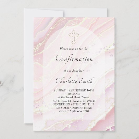 Invitation fond de marbre liquide rose Confirmation (Devant)