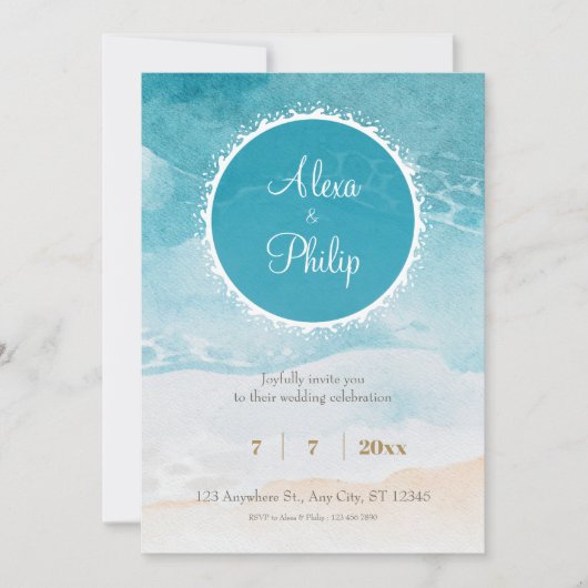 Invitation Fond de mariage à l'aquarelle de plage, océan (Devant)