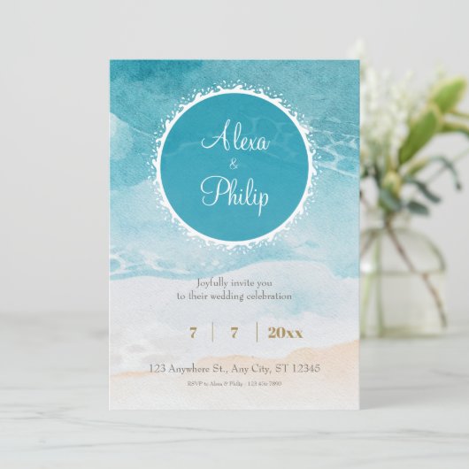 Invitation Fond de mariage à l'aquarelle de plage, océan (Debout devant)