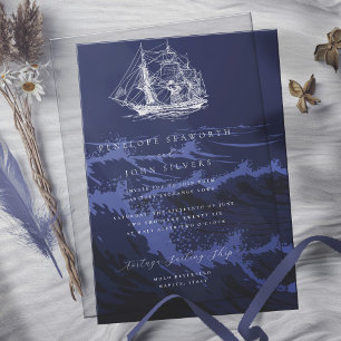 Invitation Fond de mariage vagues bleu foncé nautique