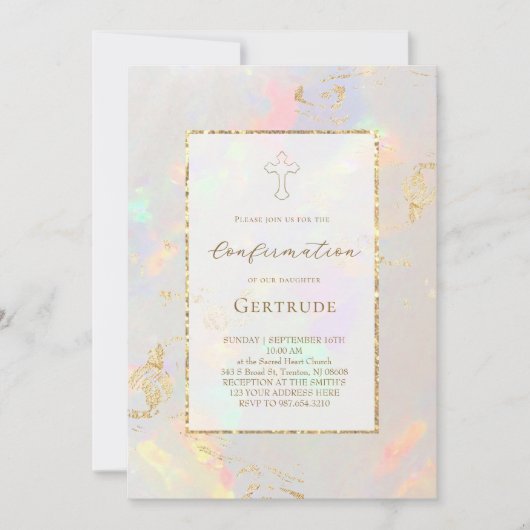 Invitation fond d'opale de feuille fausse Confirmation (Devant)