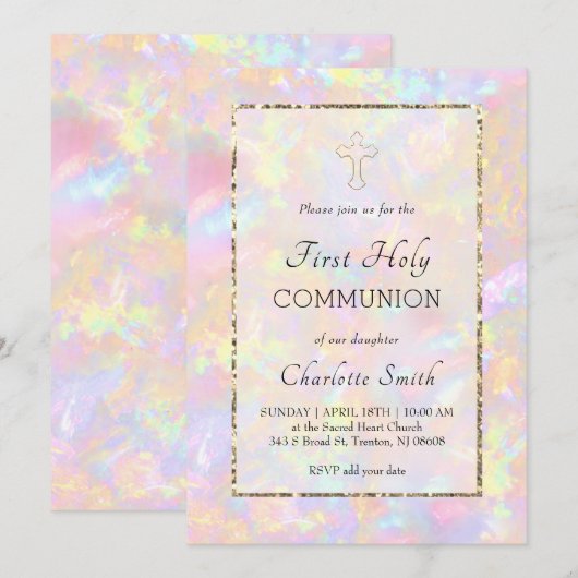 Invitation fond opale Première Communion (Devant / Derrière)