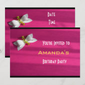 Invitation Fond rose avec un ruban blanc pour un anniversaire (Devant / Derrière)