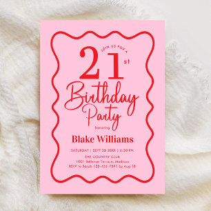 Invitation Fond rose rouge rétro 21e anniversaire bordure ond