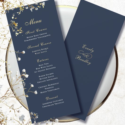 Invitation Fond simple bleu marine Menu à l'écriture dorée et