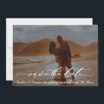 Invitation Font de luxe Romantic Beach Photo Enregistrer la d<br><div class="desc">Remplacez la photo de l'espace réservé par la vôtre et faites de cette carte unique et romantique Save the Date votre propre. L'élément de typographie "save the date", en blanc, a été rendu avec une jolie police de script de luxe. L'autre texte est modifiable et si vous souhaitez modifier la...</div>