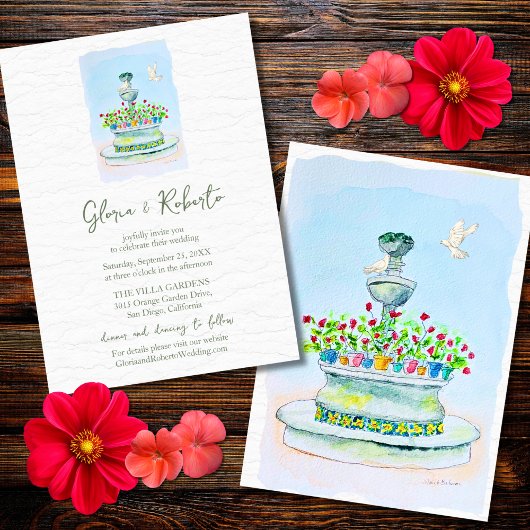Invitation Fontaine aquarelle avec Mariage Doves Talavera