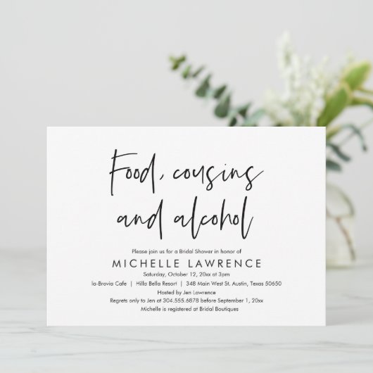 Invitation Food, Cousins and Alcohol, Casual Bridal Shower (Debout devant)
