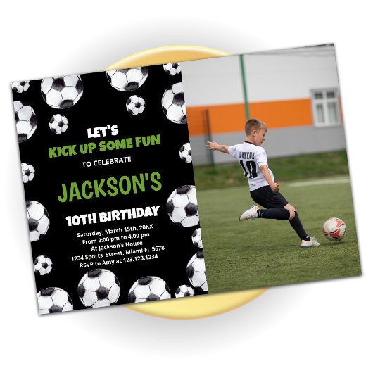 Invitation Football noir vert Anniversaire avec photo