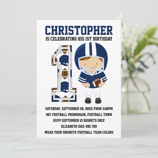 Invitation Football Player Bleu Blanc 1er anniversaire (Debout devant)