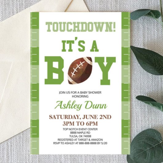 Invitation Football Touchdown C'est un Baby shower vert garço