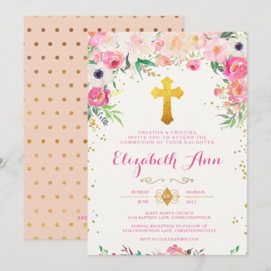 Invitation Foral and Gold Cross Communion (Devant / Derrière)