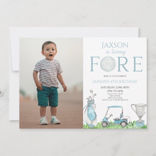 Invitation Fore Blue Golf Photo 4e fête d'anniversaire (Devant)