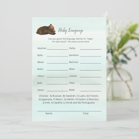 Invitation Forest Adventure Bears Baby Language Game Card (Debout devant)