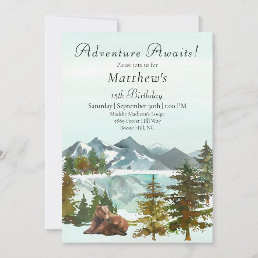 Invitation Forest Adventure Boy Ours Rustiques Fête d'anniver (Devant)