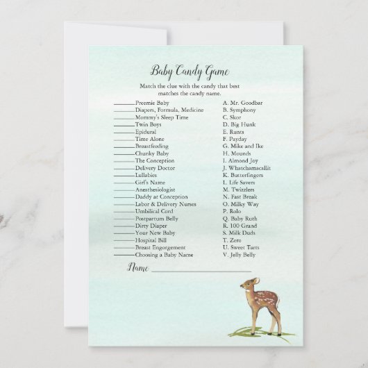 Invitation Forest Adventure Deers Baby shower Candy Game (Devant)