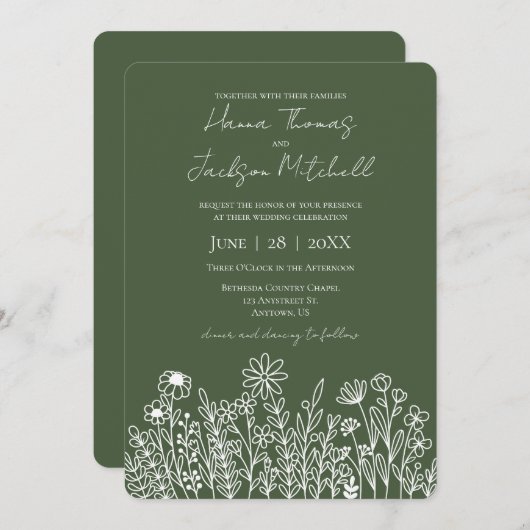 Invitation Forest Green Dark Fleur sauvage simple Mariage (Devant / Derrière)