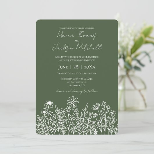 Invitation Forest Green Dark Fleur sauvage simple Mariage (Debout devant)