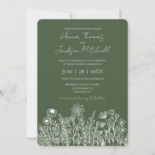 Invitation Forest Green Dark Fleur sauvage simple Mariage (Devant)