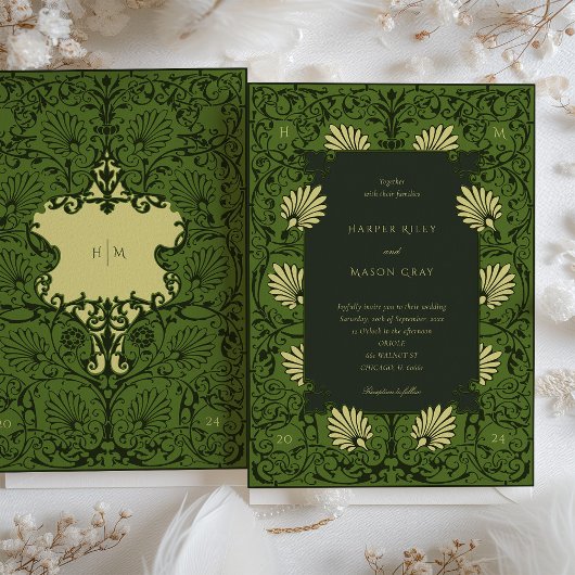Invitation Forest Green et Antique Gold Mariage baroque