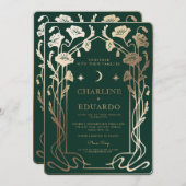 Invitation Forest Green & Gold Art Nouveau Mariage photo (Devant / Derrière)