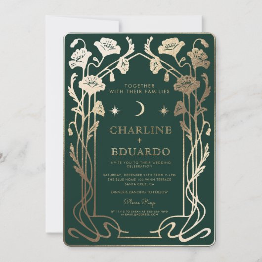 Invitation Forest Green & Gold Art Nouveau Mariage photo (Devant)