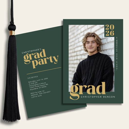 Invitation Forest Green Gold Modern Photo Graduation Party