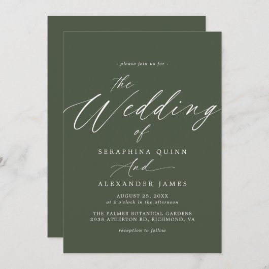 Invitation Forest Green | Script moderne Mariage simple (Devant / Derrière)